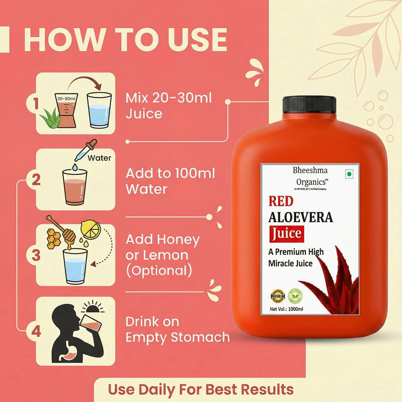 Bheeshma Organics Red Aloe Vera Juice 1L | Aloe Vera Wellness Drink | Digestion Support & Skin Wellness | No Added Sugar | Lab Tested