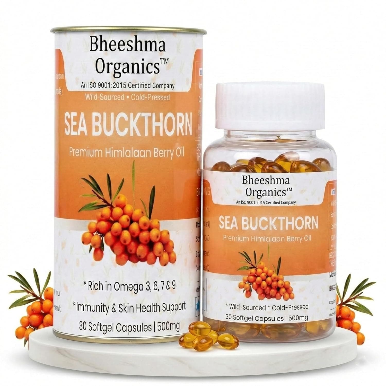 Sea Buckthorn Oil Capsules 500mg (30 Softgels) | Himalayan Berry Omega 3 6 7 9 & Omega-7 Supplement | Skin Glow Hair Growth Immunity Support | Antioxidant Herbal Softgel Capsules for Heart Health & Wellness