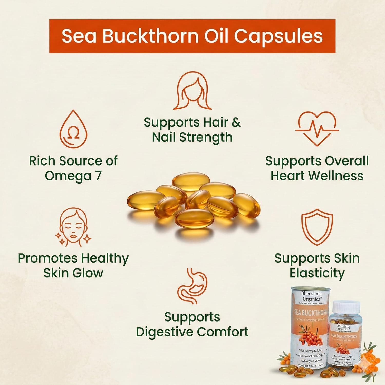 Sea Buckthorn Oil Capsules 500mg (30 Softgels) | Himalayan Berry Omega 3 6 7 9 & Omega-7 Supplement | Skin Glow Hair Growth Immunity Support | Antioxidant Herbal Softgel Capsules for Heart Health & Wellness