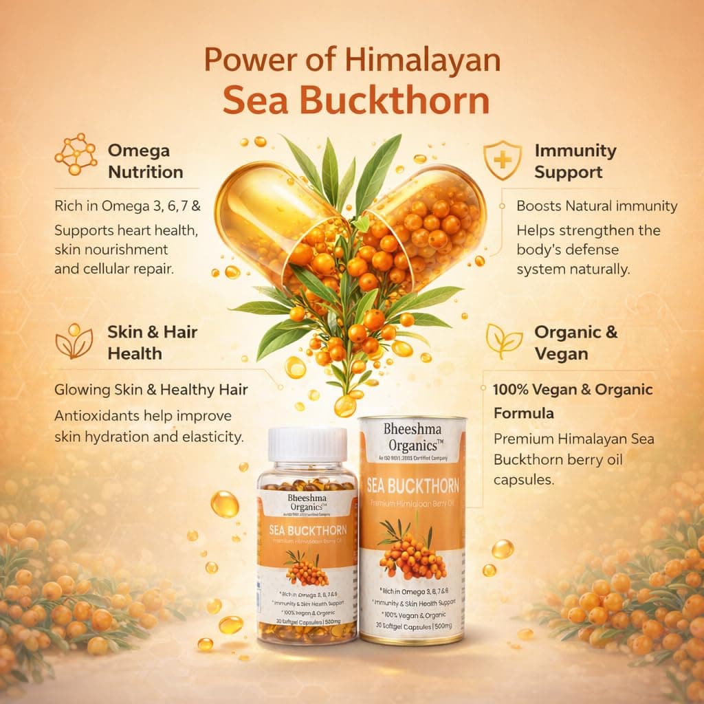 Sea Buckthorn Oil Capsules 500mg (30 Softgels) | Himalayan Berry Omega 3 6 7 9 & Omega-7 Supplement | Skin Glow Hair Growth Immunity Support | Antioxidant Herbal Softgel Capsules for Heart Health & Wellness