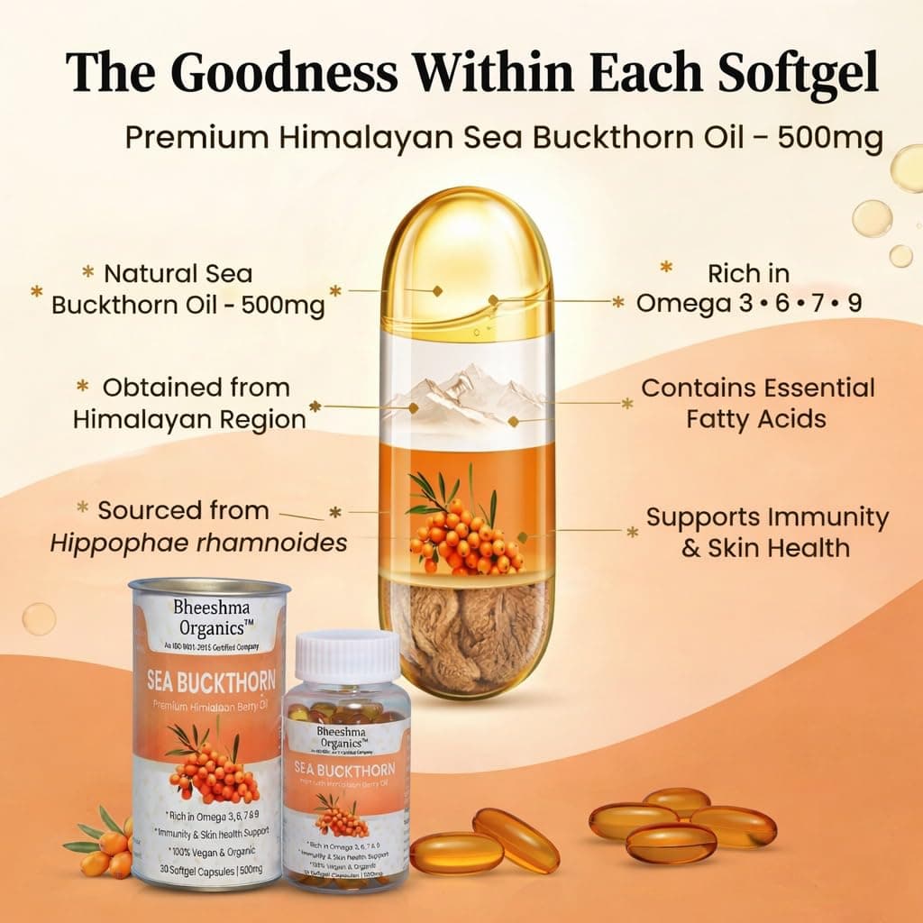 Sea Buckthorn Oil Capsules 500mg (30 Softgels) | Himalayan Berry Omega 3 6 7 9 & Omega-7 Supplement | Skin Glow Hair Growth Immunity Support | Antioxidant Herbal Softgel Capsules for Heart Health & Wellness